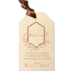Welcome wedding guests with goodies tied with custom gift tags that fit your theme perfectly. Our Leafy Crest graphic, copper foil and Stardream Ivory paper will make a gorgeous addition to your favors. 
