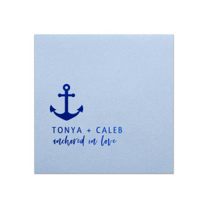 Set sail with the Anchored in Love Napkin, where nautical charm meets romance. Featuring a bold anchor above the couple’s names in striking capitals, and the phrase “anchored in love” seeming to float on a gentle sea, this design is perfect for celebrations that cherish a sense of security and adventure.