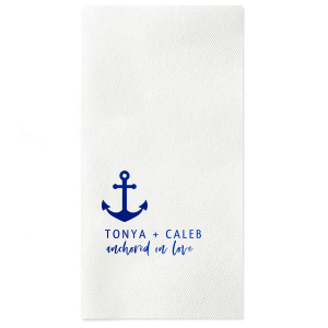 Set sail with the Anchored in Love Napkin, where nautical charm meets romance. Featuring a bold anchor above the couple’s names in striking capitals, and the phrase “anchored in love” seeming to float on a gentle sea, this design is perfect for celebrations that cherish a sense of security and adventure.