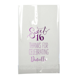 The Sweet 16 Bag exudes youthful joy with its swirling script celebrating the milestone birthday. Flourished 'Sweet' over a bold '16', coupled with a grateful 'Thanks for Celebrating' and the birthday star's name, makes this design a perfect, vibrant token for any Sweet Sixteen bash.