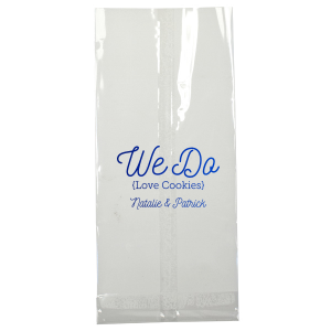 Celebrate sweet love with the We Do Love Cookies Bag, a delightful treat for sharing gifts with your guests. . It features a large, playful “We Do” at the top, with “(Love Cookies)” whimsically enclosed in parentheses below, expressing the couple’s fondness for cookies Or other gift item. Their names in candied script at the bottom add a charming touch to this gift.