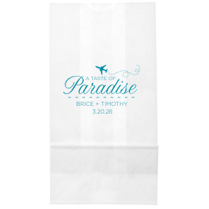 Embark on a tropical journey with the Paradise Destination Gift Bag featuring 'Paradise' in vibrant script with an airplane soaring above. Beneath this scene, the couple's names and date await, inviting guests to your sun-kissed celebration.