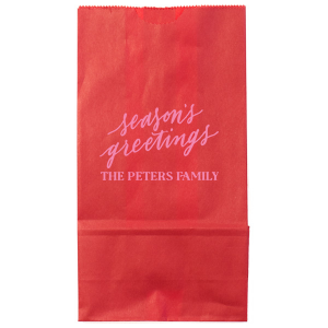 Wrap your presents in the spirit of the season with the Season’s Greetings Holiday Gift Bag, featuring 'season’s greetings' in a gentle script. Below, your family name personalizes this festive carrier, extending a hand of holiday joy with every gift given
