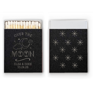 The Over the Moon Celestial Magic Match is a whimsical nod to 1960s art. The front displays an artistically vibrant crescent moon and stars. Below, the couple’s names and date are elegantly presented. The back is a celestial masterpiece, a detailed constellation drawing evoking the magic of starry skies, perfect for enchanting celebrations.