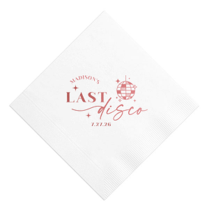 Celebrate the bride to be's last disco! This trendy disco themed bachelorette party is perfect for dancing the night away. Featuring a disco ball graphic, you can customize this napkin with a date and the name of the bride. 