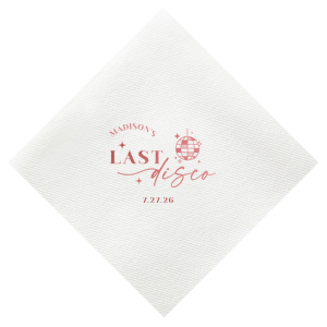 Celebrate the bride to be's last disco! This trendy disco themed bachelorette party is perfect for dancing the night away. Featuring a disco ball graphic, you can customize this napkin with a date and the name of the bride. 