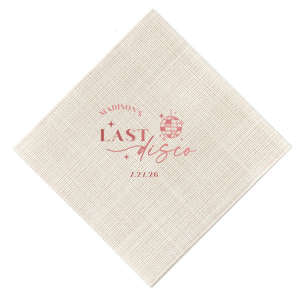 Celebrate the bride to be's last disco! This trendy disco themed bachelorette party is perfect for dancing the night away. Featuring a disco ball graphic, you can customize this napkin with a date and the name of the bride. 