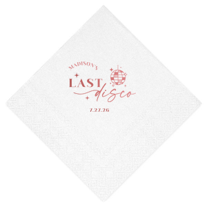 Celebrate the bride to be's last disco! This trendy disco themed bachelorette party is perfect for dancing the night away. Featuring a disco ball graphic, you can customize this napkin with a date and the name of the bride. 