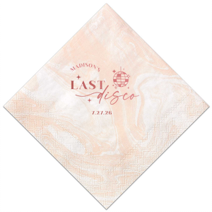 Celebrate the bride to be's last disco! This trendy disco themed bachelorette party is perfect for dancing the night away. Featuring a disco ball graphic, you can customize this napkin with a date and the name of the bride. 
