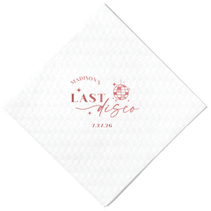 Celebrate the bride to be's last disco! This trendy disco themed bachelorette party is perfect for dancing the night away. Featuring a disco ball graphic, you can customize this napkin with a date and the name of the bride. 
