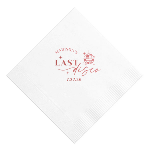 Celebrate the bride to be's last disco! This trendy disco themed bachelorette party is perfect for dancing the night away. Featuring a disco ball graphic, you can customize this napkin with a date and the name of the bride. 
