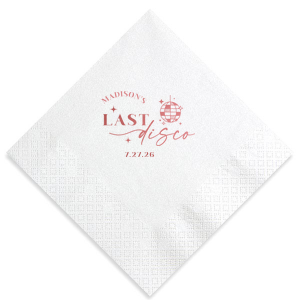 Celebrate the bride to be's last disco! This trendy disco themed bachelorette party is perfect for dancing the night away. Featuring a disco ball graphic, you can customize this napkin with a date and the name of the bride. 