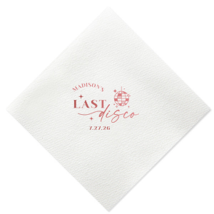 Celebrate the bride to be's last disco! This trendy disco themed bachelorette party is perfect for dancing the night away. Featuring a disco ball graphic, you can customize this napkin with a date and the name of the bride. 