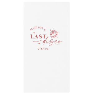Celebrate the bride to be's last disco! This trendy disco themed bachelorette party is perfect for dancing the night away. Featuring a disco ball graphic, you can customize this napkin with a date and the name of the bride. 