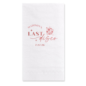Celebrate the bride to be's last disco! This trendy disco themed bachelorette party is perfect for dancing the night away. Featuring a disco ball graphic, you can customize this napkin with a date and the name of the bride. 