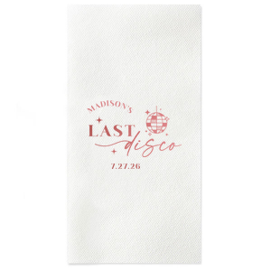 Celebrate the bride to be's last disco! This trendy disco themed bachelorette party is perfect for dancing the night away. Featuring a disco ball graphic, you can customize this napkin with a date and the name of the bride. 