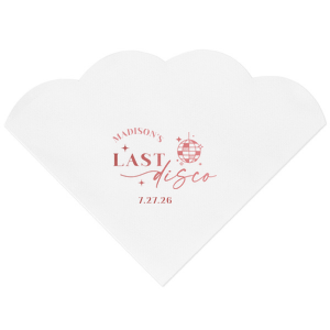 Celebrate the bride to be's last disco! This trendy disco themed bachelorette party is perfect for dancing the night away. Featuring a disco ball graphic, you can customize this napkin with a date and the name of the bride. 
