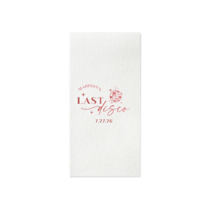 Celebrate the bride to be's last disco! This trendy disco themed bachelorette party is perfect for dancing the night away. Featuring a disco ball graphic, you can customize this napkin with a date and the name of the bride. 