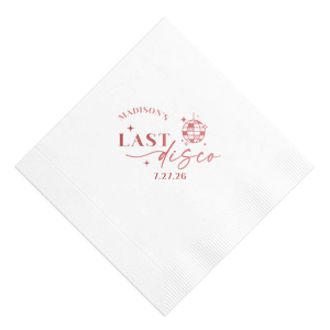 Celebrate the bride to be's last disco! This trendy disco themed bachelorette party is perfect for dancing the night away. Featuring a disco ball graphic, you can customize this napkin with a date and the name of the bride. 