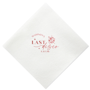 Celebrate the bride to be's last disco! This trendy disco themed bachelorette party is perfect for dancing the night away. Featuring a disco ball graphic, you can customize this napkin with a date and the name of the bride. 