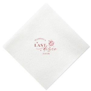 Celebrate the bride to be's last disco! This trendy disco themed bachelorette party is perfect for dancing the night away. Featuring a disco ball graphic, you can customize this napkin with a date and the name of the bride. 