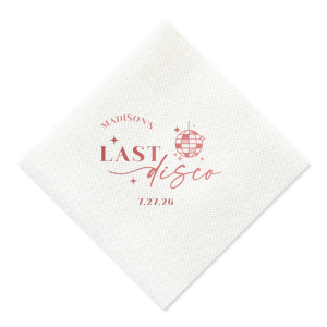 Celebrate the bride to be's last disco! This trendy disco themed bachelorette party is perfect for dancing the night away. Featuring a disco ball graphic, you can customize this napkin with a date and the name of the bride. 
