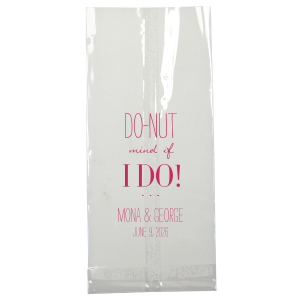 Indulge in playful sweetness with the DO-NUT Mind If I Do! Bag, perfect for gift giving at weddings. This cleverly worded bag features "I DO" in bold, celebrating nuptials, with the couple's names and date adding a personal touch. A delightful, fun way for guests to take a piece of joy home from your special day.