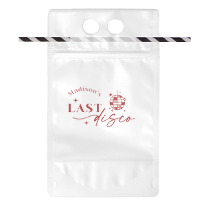 Celebrate the bride to be with a retro inspired bachelorette party favor. Fill up this custom drink pouch with the drink of your choice and personalize with the name of the bride. 