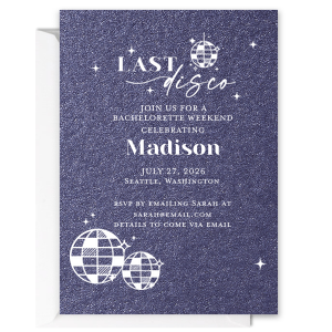 This custom invitation is the perfect way to invite people to your bachelorette party! Adorned with disco balls, the Last Disco Bachelorette Invitation will set the mood for your retro themed bachelorette party. 