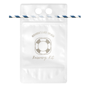 Stock your custom bachelorette recovery kit with goodies you need to make it through a Bachelorette party or full of your favorite drink! Personalized drink pouches from For Your Party are functional and fun. 