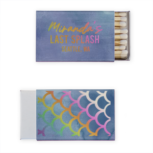 Plunge into your bachelorette bash with the "Mermaid Bachelorette" personalized matchboxes. Featuring the playful "Last Splash" inscription on the front and a charming mermaid scale motif on the back, these custom printed matchboxes are an ideal addition to any sea-inspired soiree, casting a magical spark on your last hurrah before saying 'I do'.

