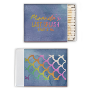 Plunge into your bachelorette bash with the "Mermaid Bachelorette" personalized matchboxes. Featuring the playful "Last Splash" inscription on the front and a charming mermaid scale motif on the back, these custom printed matchboxes are an ideal addition to any sea-inspired soiree, casting a magical spark on your last hurrah before saying 'I do'.

