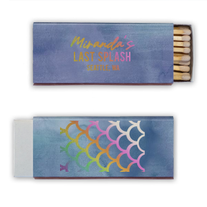 Plunge into your bachelorette bash with the "Mermaid Bachelorette" personalized matchboxes. Featuring the playful "Last Splash" inscription on the front and a charming mermaid scale motif on the back, these custom printed matchboxes are an ideal addition to any sea-inspired soiree, casting a magical spark on your last hurrah before saying 'I do'.

