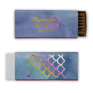 Plunge into your bachelorette bash with the "Mermaid Bachelorette" personalized matchboxes. Featuring the playful "Last Splash" inscription on the front and a charming mermaid scale motif on the back, these custom printed matchboxes are an ideal addition to any sea-inspired soiree, casting a magical spark on your last hurrah before saying 'I do'.

