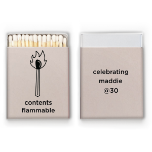 If you are throwing a birthday party and looking for a custom, trendy, and minimalist party favor, Minimalist Birthday Matches are for you! Featuring a hand drawn graphic of a lit match, this modern party favor will be beloved by your guests. 