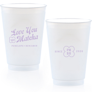 Customize a modern and unique cup for your upcoming event! Featuring text that says Love You so Matcha, you can personalize this cup with the couple's names, initials, and date.
