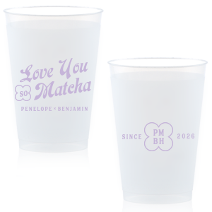 Customize a modern and unique cup for your upcoming event! Featuring text that says Love You so Matcha, you can personalize this cup with the couple's names, initials, and date.