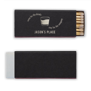 The Come For The Drinks Stay For The Company Matches features playful circular text and a simple cocktail glass illustration for an inviting bar-side accent. Pick it up to set the tone for easygoing hosting and good conversation. Perfect for cocktail nights and welcoming guests.