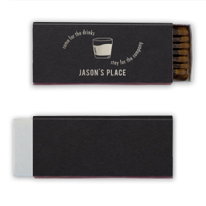 The Come For The Drinks Stay For The Company Matches features playful circular text and a simple cocktail glass illustration for an inviting bar-side accent. Pick it up to set the tone for easygoing hosting and good conversation. Perfect for cocktail nights and welcoming guests.