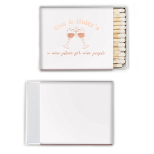 A Nice Place For Nice People Matches features a charming clinking-glasses illustration below the couple’s names and playful script tagline. Add it to your bar cart to elevate gatherings and showcase your welcoming style. Spot-on for dinner parties or casual celebrations at home.