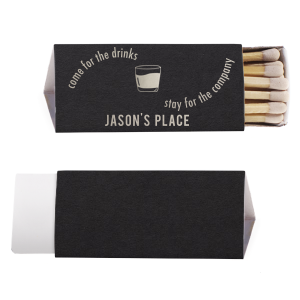 The Come For The Drinks Stay For The Company Matches features playful circular text and a simple cocktail glass illustration for an inviting bar-side accent. Pick it up to set the tone for easygoing hosting and good conversation. Perfect for cocktail nights and welcoming guests.