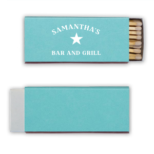 My Place Bar And Grill Matches features bold lettering of your name and “bar and grill” with a classic star emblem for a vintage-inspired look. Customize yours to create a memorable takeaway that guests will appreciate and use. A standout for housewarmings and cookouts!