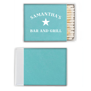 My Place Bar And Grill Matches features bold lettering of your name and “bar and grill” with a classic star emblem for a vintage-inspired look. Customize yours to create a memorable takeaway that guests will appreciate and use. A standout for housewarmings and cookouts!