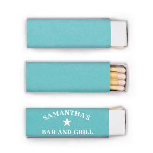 My Place Bar And Grill Matches features bold lettering of your name and “bar and grill” with a classic star emblem for a vintage-inspired look. Customize yours to create a memorable takeaway that guests will appreciate and use. A standout for housewarmings and cookouts!