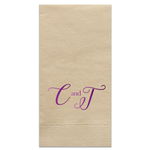 Celebrate the couple in style with the Elegant Swirl Script Initials Napkin. This design features the couple's first initials in a large, bold, and swirly script, gracefully connected by an "and." This sophisticated presentation not only captures attention but also adds an air of elegance to any event. 