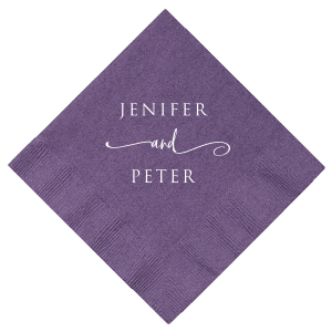 Embrace elegance with the Elegant Swirl Napkin design, where the couple's names elegantly unite through a lavish, swirling 'and'. This captivating design, with its formal and artistic font, adds a touch of sophistication to wedding celebrations, symbolizing a beautiful union in style.