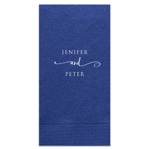 Embrace elegance with the Elegant Swirl Napkin design, where the couple's names elegantly unite through a lavish, swirling 'and'. This captivating design, with its formal and artistic font, adds a touch of sophistication to wedding celebrations, symbolizing a beautiful union in style.