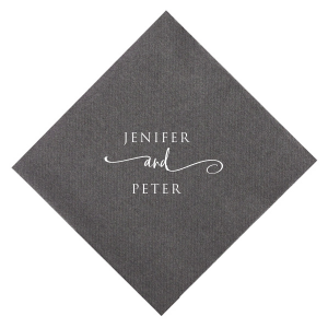 Embrace elegance with the Elegant Swirl Napkin design, where the couple's names elegantly unite through a lavish, swirling 'and'. This captivating design, with its formal and artistic font, adds a touch of sophistication to wedding celebrations, symbolizing a beautiful union in style.