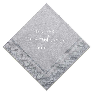 Embrace elegance with the Elegant Swirl Napkin design, where the couple's names elegantly unite through a lavish, swirling 'and'. This captivating design, with its formal and artistic font, adds a touch of sophistication to wedding celebrations, symbolizing a beautiful union in style.