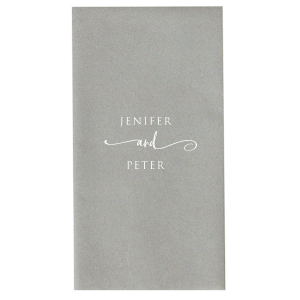 Embrace elegance with the Elegant Swirl Napkin design, where the couple's names elegantly unite through a lavish, swirling 'and'. This captivating design, with its formal and artistic font, adds a touch of sophistication to wedding celebrations, symbolizing a beautiful union in style.